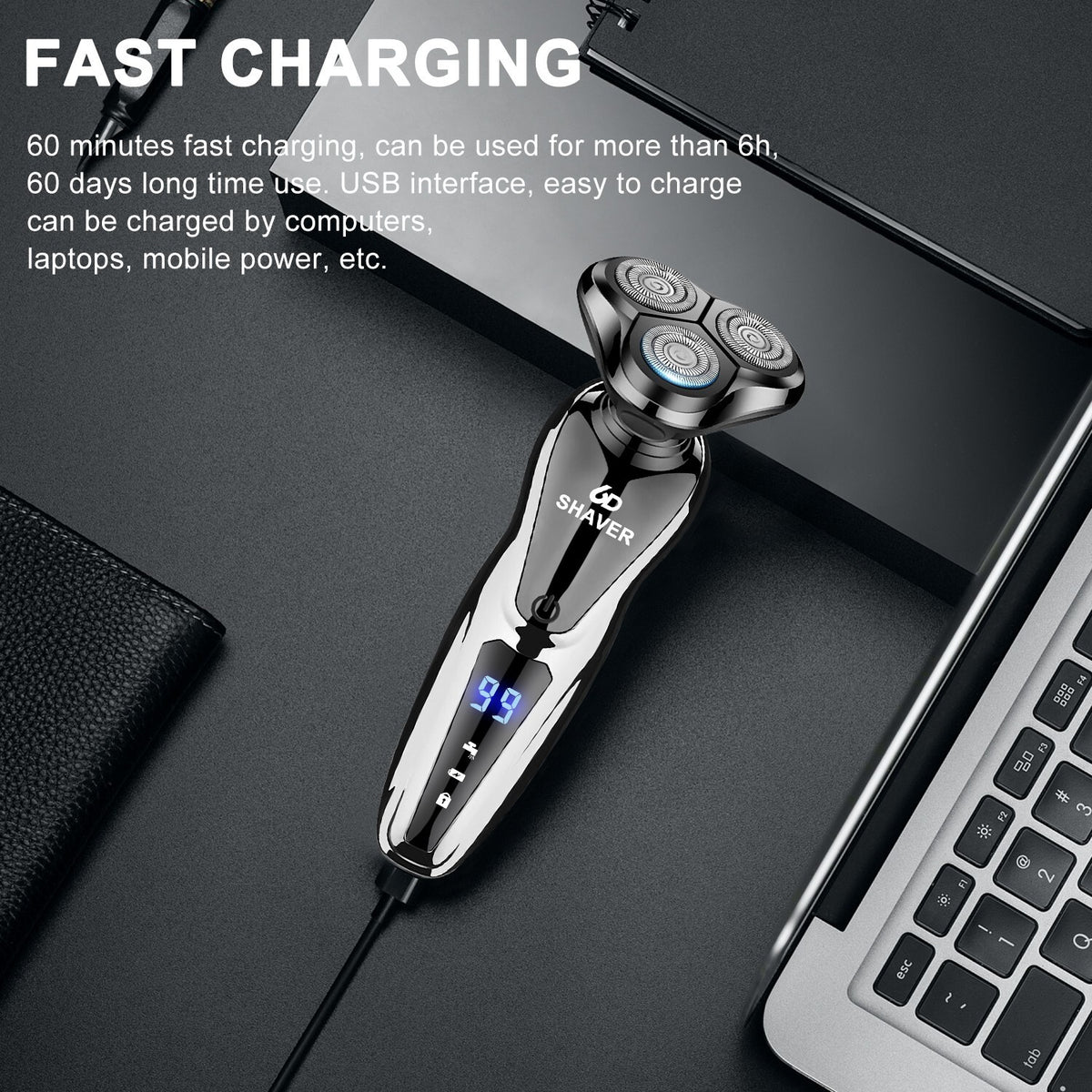 Men's Waterproof Electric Shaver Trimmer with USB Charging & Long Battery Life