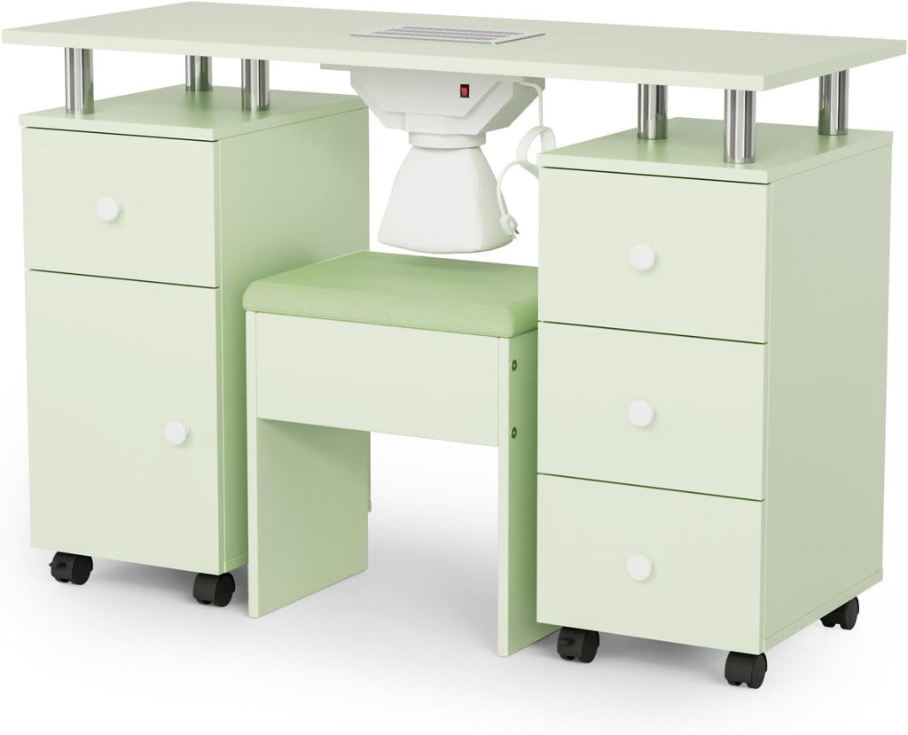 Professional Nail Desk and Chair Set with Dust Suction System, Storage Drawers