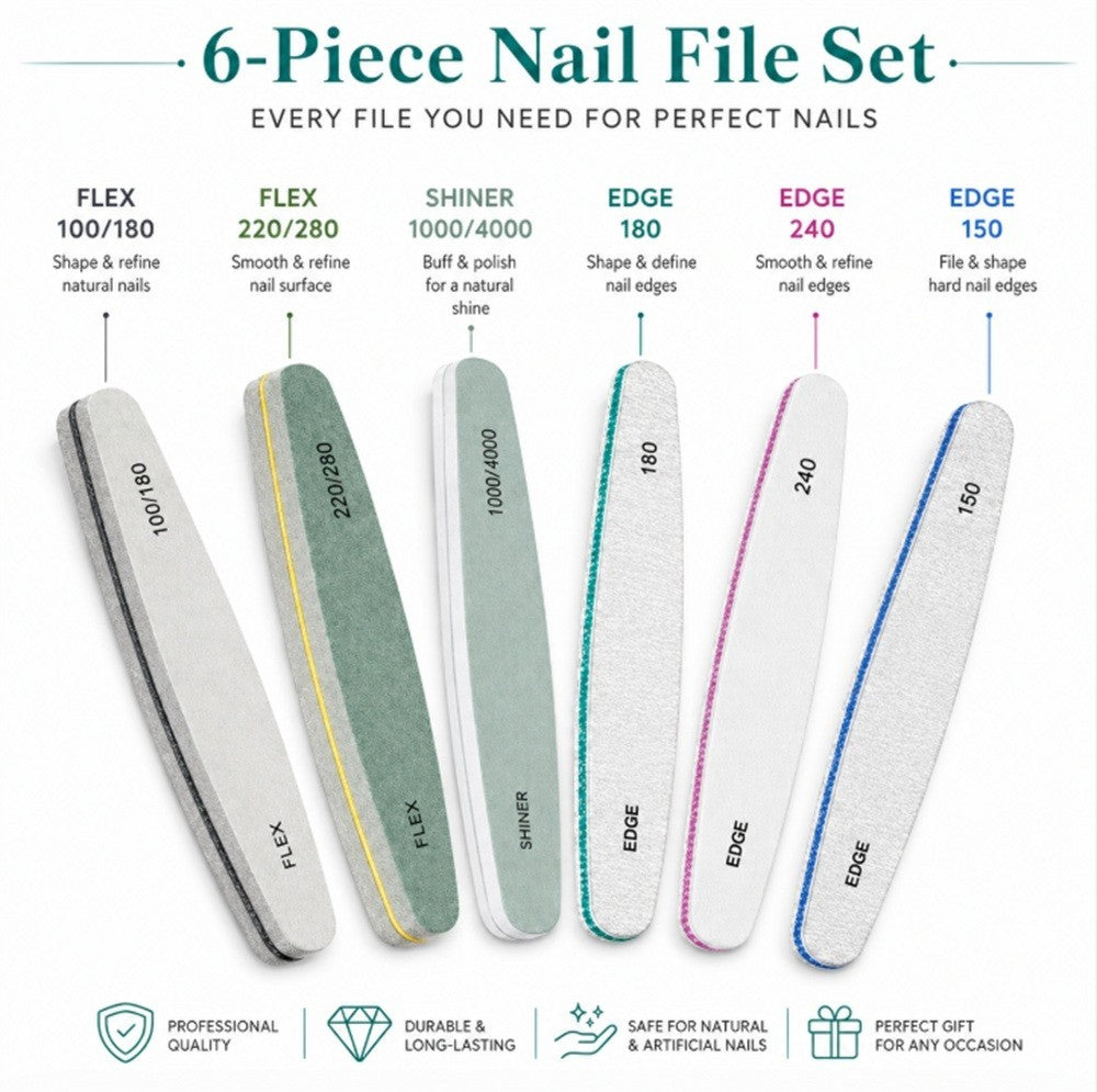 6 Pack Double-Sided Nail Files 100/180 Grit Emery Boards for Manicure & Pedicure