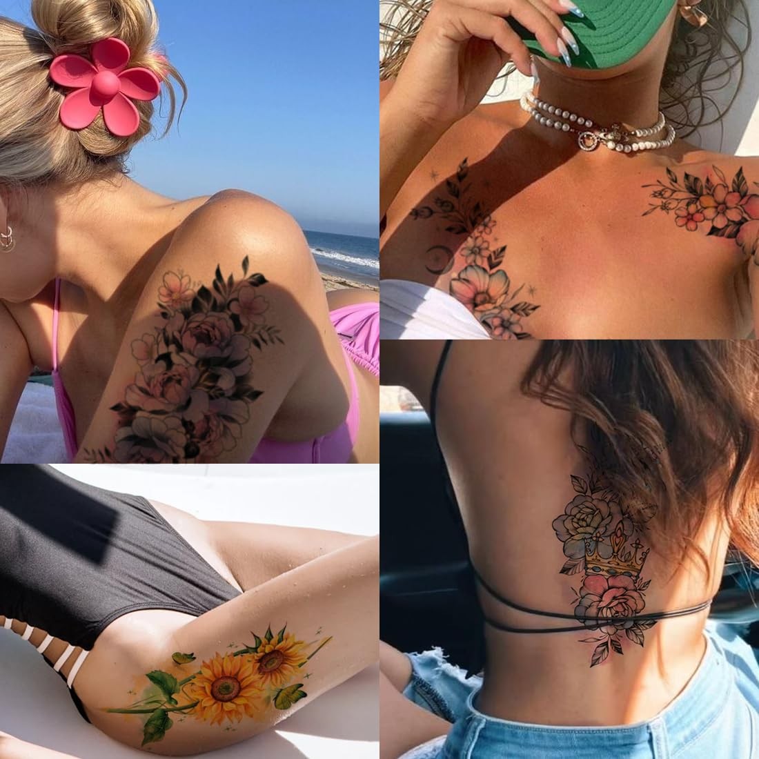Watercolor Flower Temporary Tattoos Set - 10 Large Sheets for Women & Teens