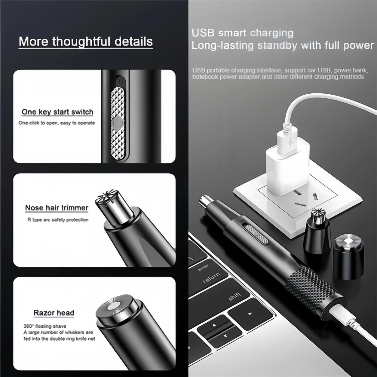 Men Nose Ear Hair Trimmer - Electric Beard Mustache Eyebrow Clipper