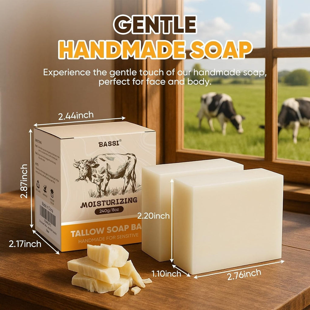 Beef Tallow Soap Bar 2 Pack - Natural Moisturizing Handmade Facial & Body Soap
