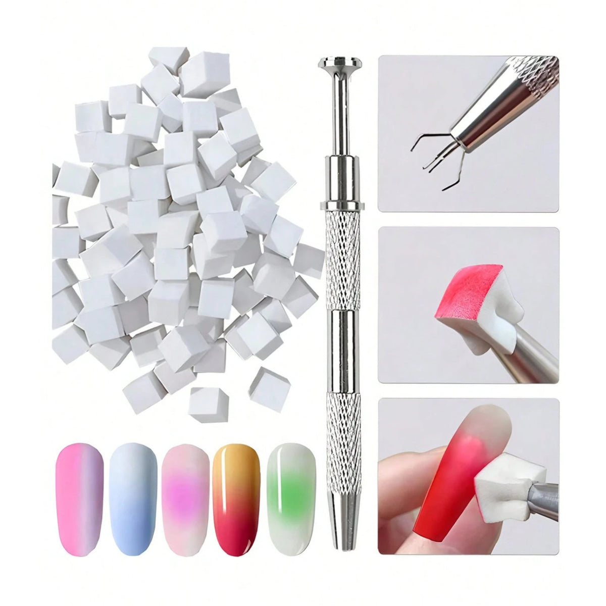 Nail Art Soft Sponges Set with Metal Grabber Pen for Ombre & Aura Nail Designs