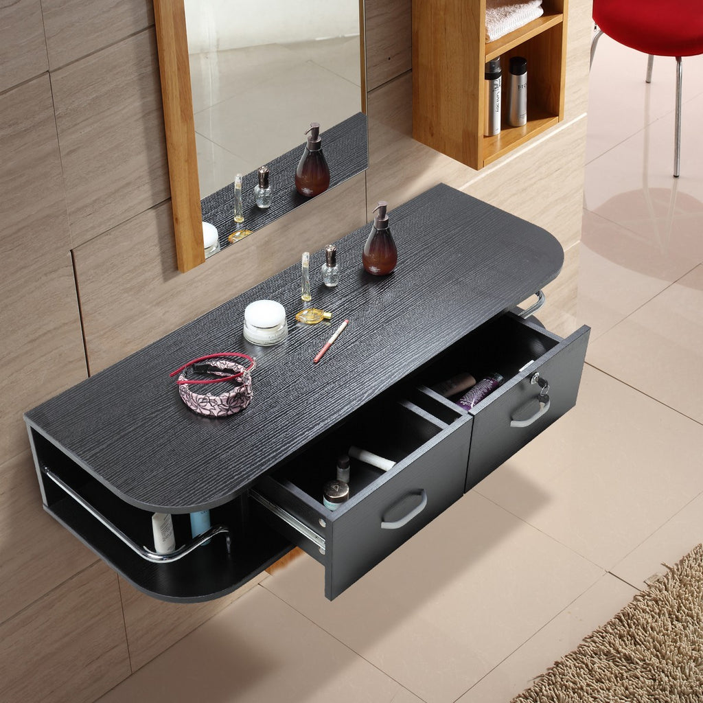 Wall Mounted Salon Station with 2 Drawers and 5 Tool Holders - Black