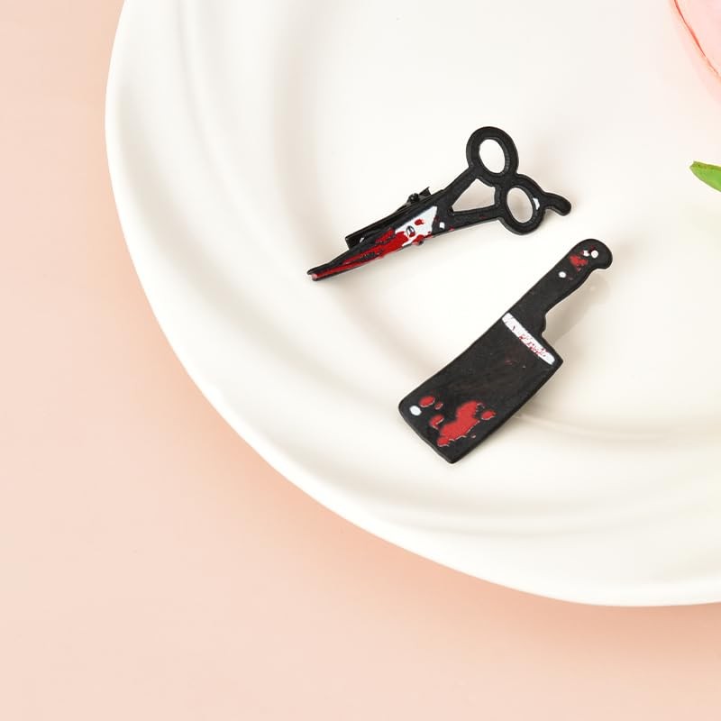 Gothic Halloween Blood Hair Clips - Scissor & Knife Shaped Accessories, Pack of 2