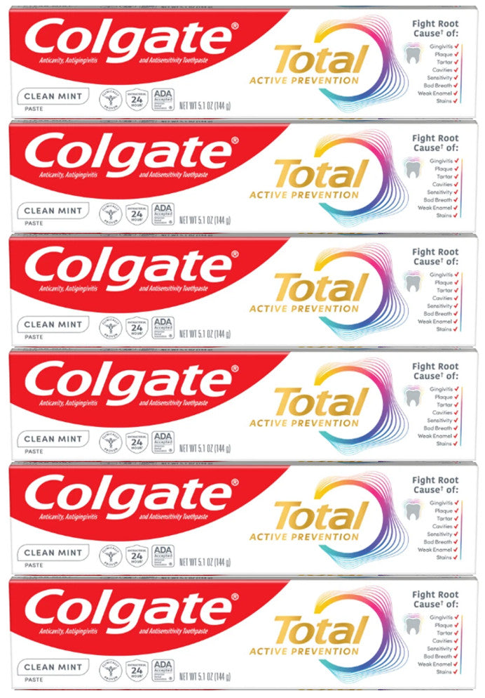 Colgate Total Active Prevention Clean Mint Antibacterial Toothpaste 5.1oz - Pack of 6