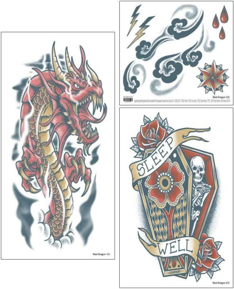 3 Piece Ultra Realistic Red Dragon Temporary Tattoos - Water-Activated, Long-Lasting