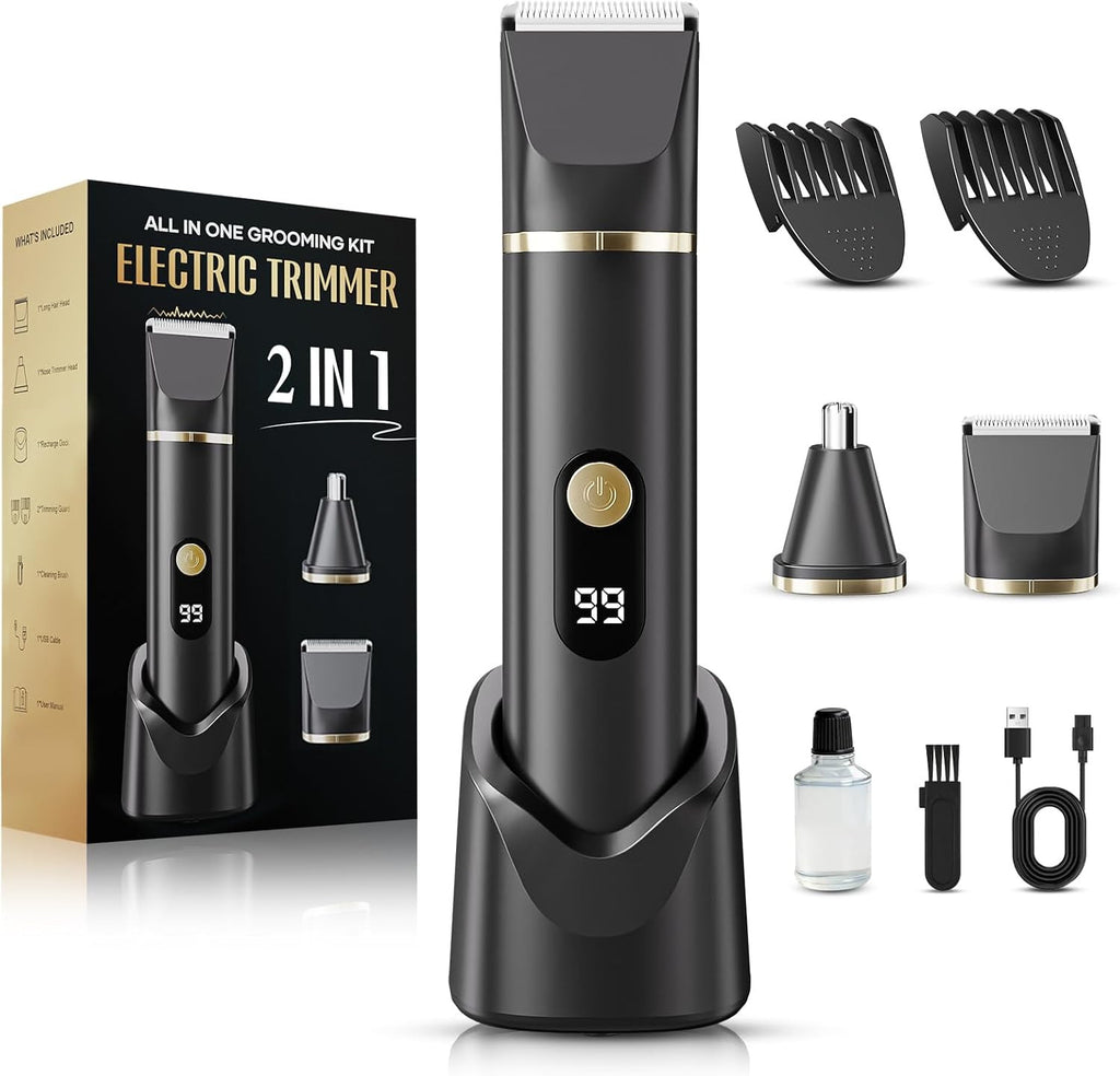Waterproof Electric Beard & Nose Hair Trimmer for Men - Cordless Grooming Kit with LED Display