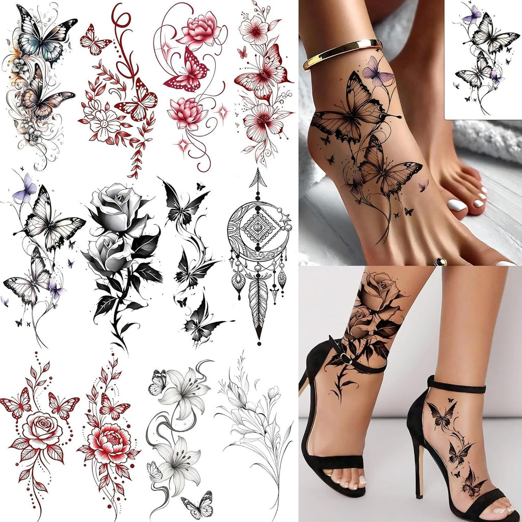 12 Sheets Butterfly Floral Temporary Tattoos for Women - Feet, Hands & Body Art