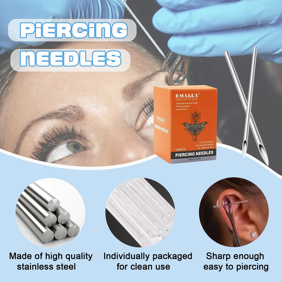 Piercing Needles Kit 12G-20G, 50Pcs, Sterile Hollow Needles, 316L Stainless Steel