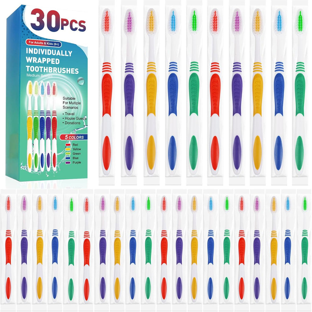 Disposable Toothbrush Pack 30 Individually Wrapped Bulk Oral Hygiene
