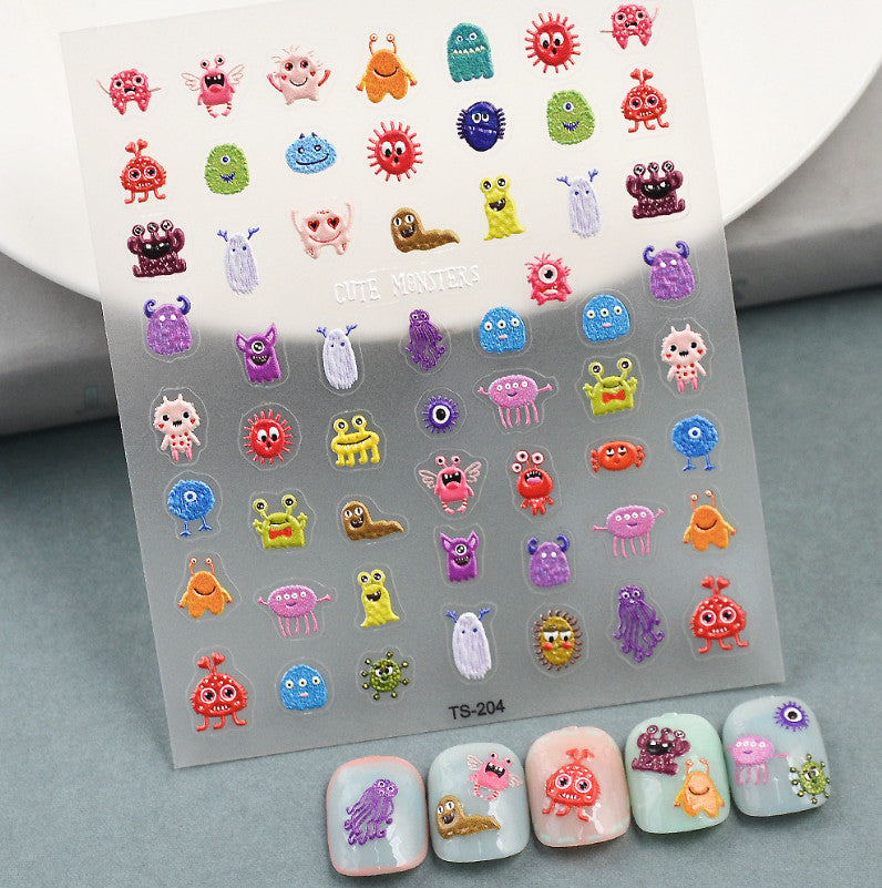 Cartoon Monster Nail Stickers Set for Nail Art - Self-Adhesive, 1 Sheet