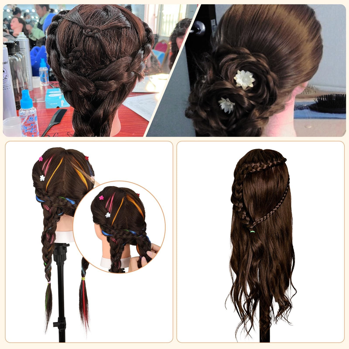 70% Human Hair Mannequin Head 26 Inch Dark Brown for Hair Styling & Practice