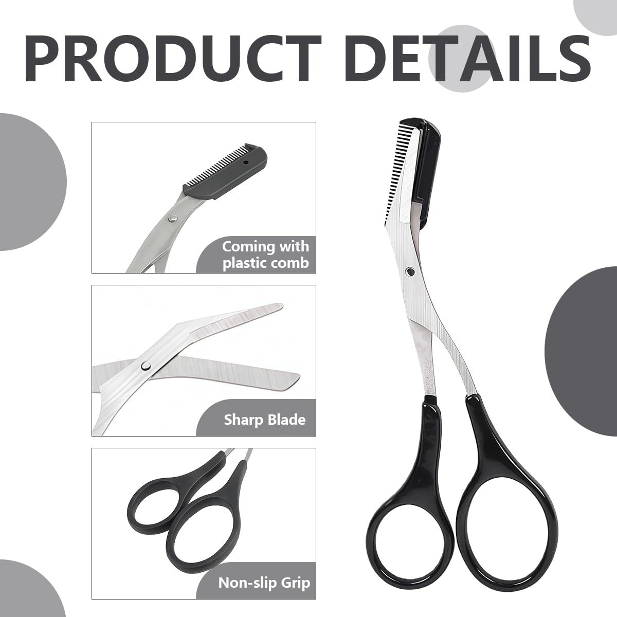 Eyebrow Trimmer Scissors with Comb & Non-Slip Grip - Stainless Steel Grooming Kit