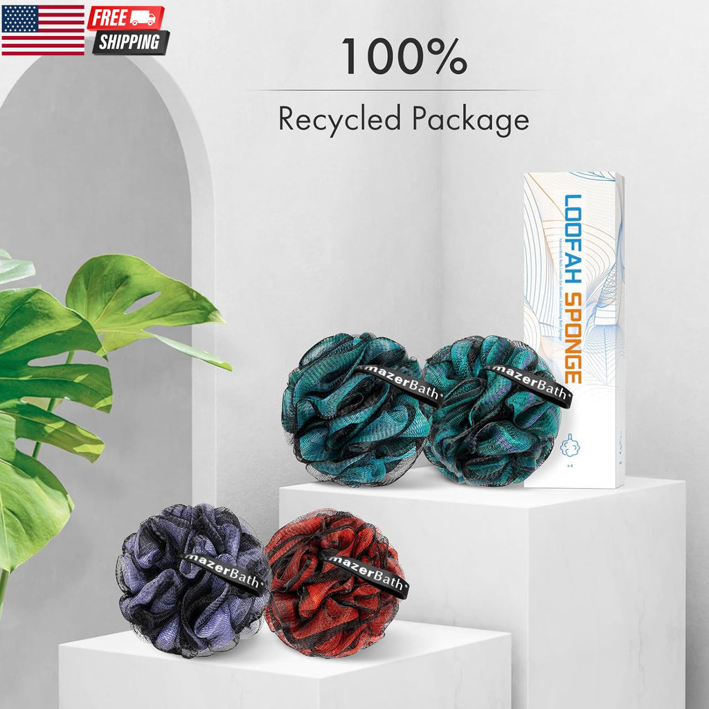 Charcoal Loofah Body Sponge Set of 4 - Exfoliating Shower Loofahs for Men & Women