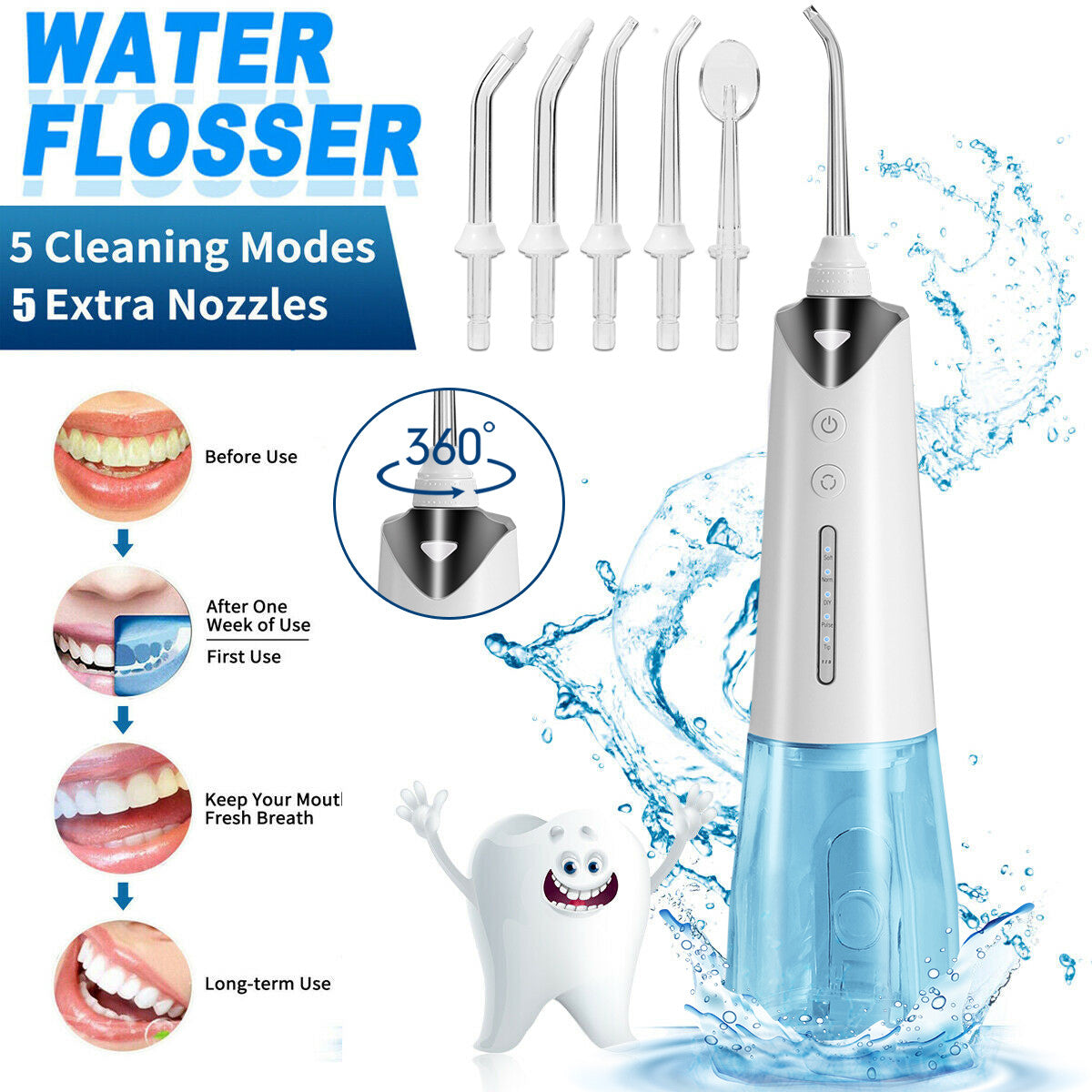 Rechargeable Cordless Dental Water Flosser with 5 Tips, 300ml Tank & Travel Design