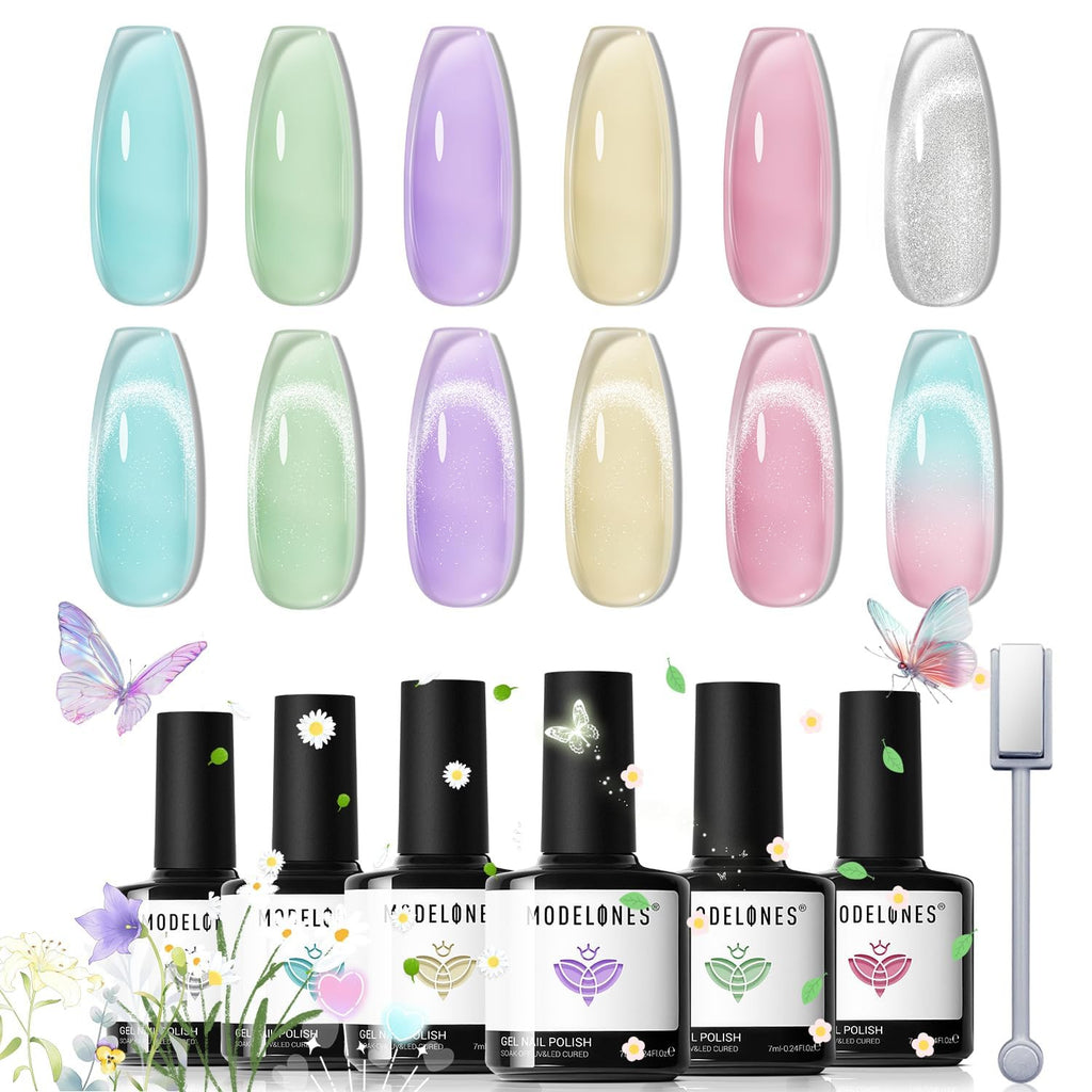 Gel Nail Polish Set with Magnet - 6 Colors Summer Silver Cat Eye
