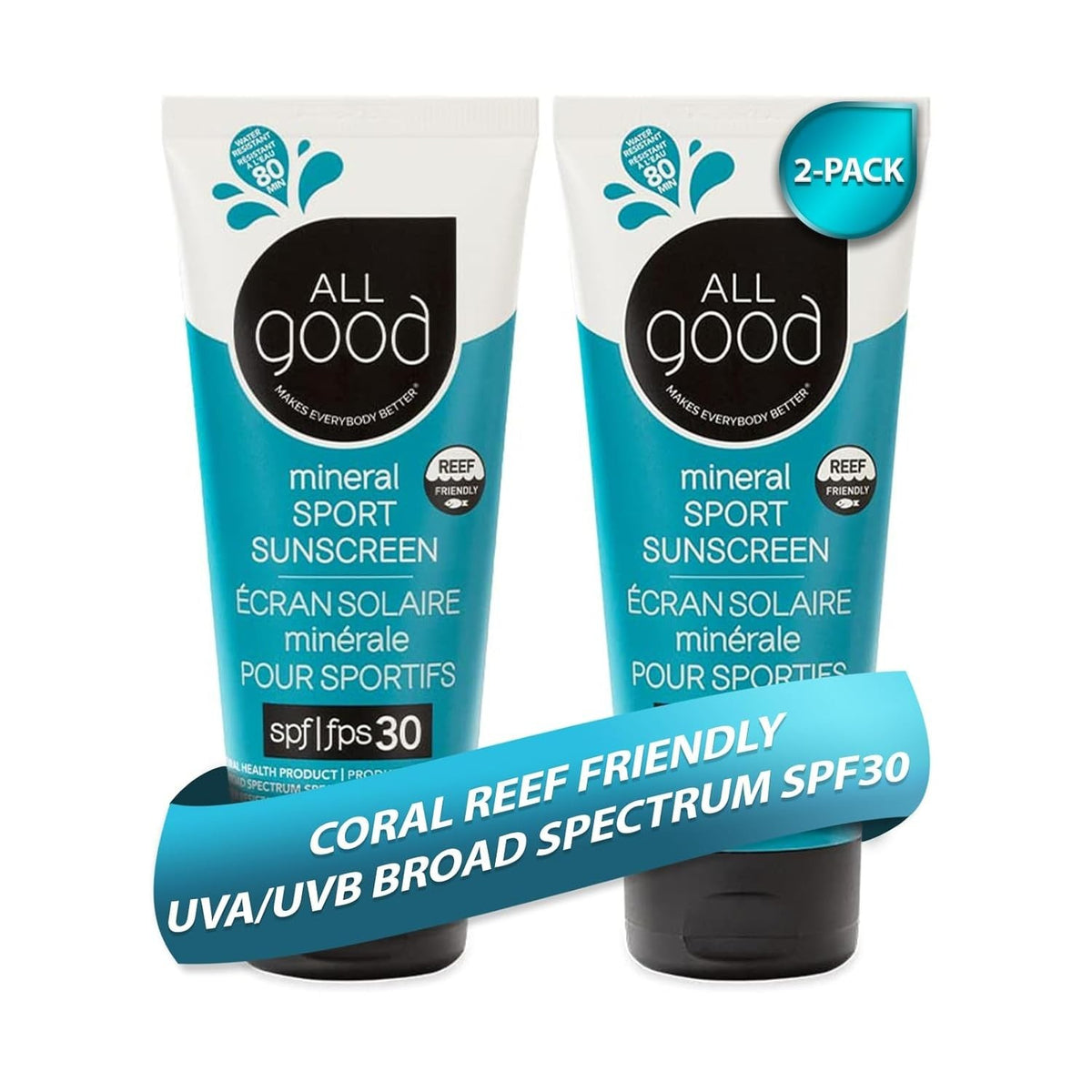 Mineral Sport Sunscreen SPF 30 Pack of 2 - Water-Resistant, Reef-Friendly, Non-Greasy SPF 30 Sunblock