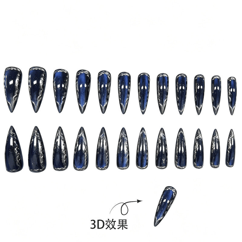 48pcs Stiletto Fake Nails with Royal Blue Mirror Silver Rim - Luxury Press-On Nails