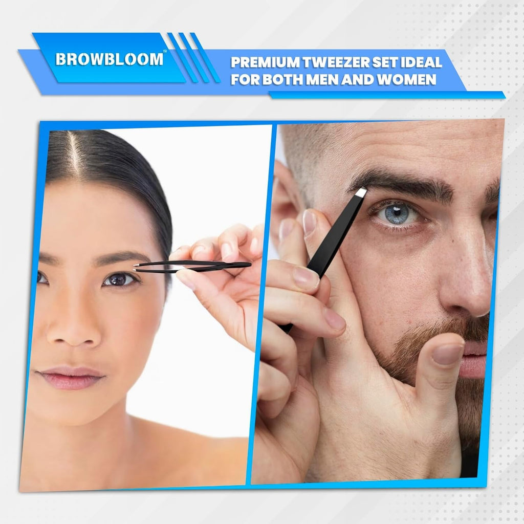 Professional Tweezers Set for Facial Hair & Eyebrows - Stainless Steel, 4 Pieces