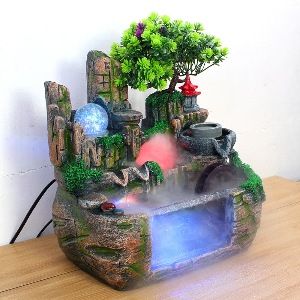 Feng Shui Desktop Rockery Waterfall Fountain with LED Atomizing Effect for Office Decor