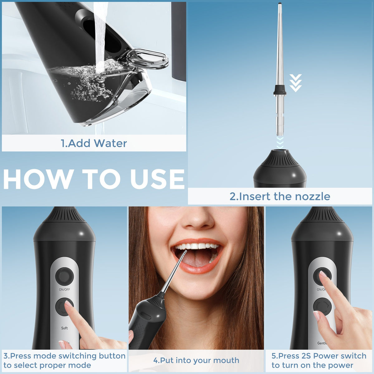 Cordless Water Flosser Dental Oral Irrigator with 6 Nozzles & 5 Modes