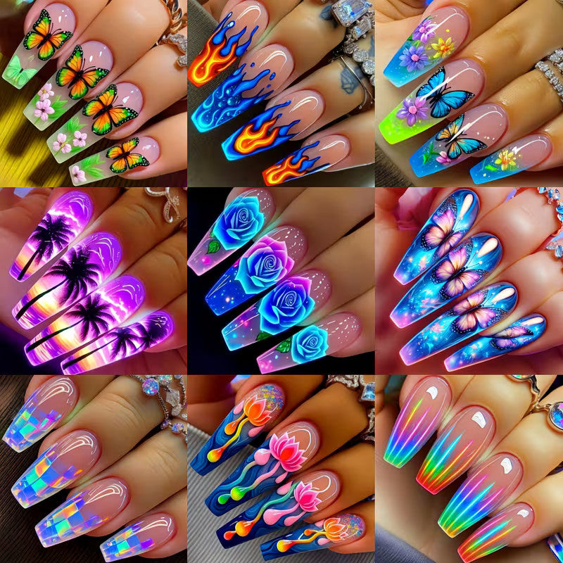 216Pcs Press-On Nails Kit with 9 Designs Long Fake Nails and Glue Tabs