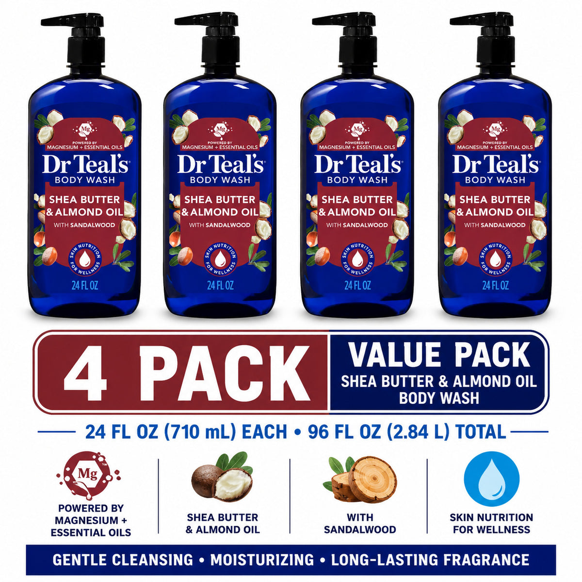 Shea Butter Almond Oil Body Wash with Epsom Salt - 4 Pack, 24 fl oz Each