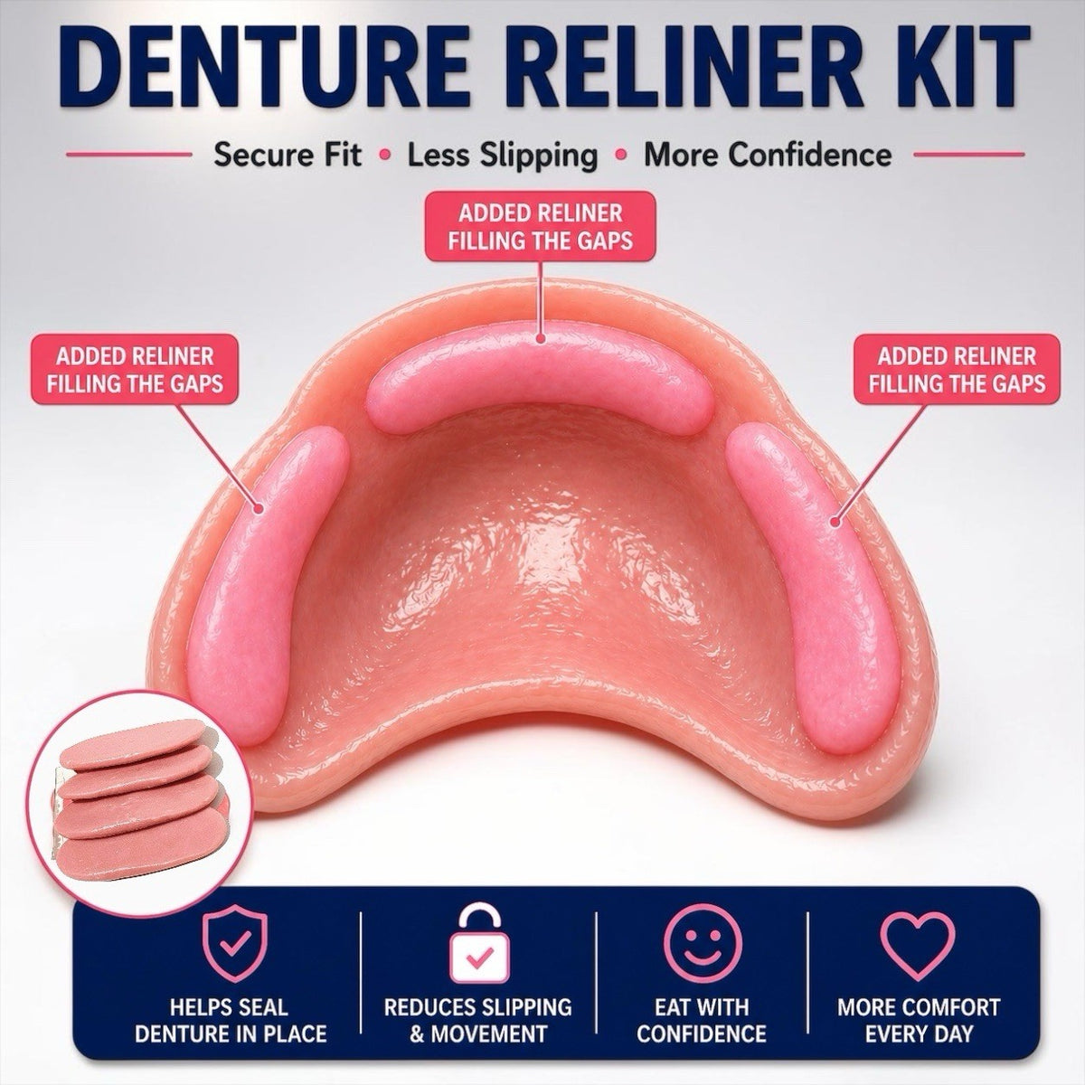 Denture Reline Kit - Fits Any Denture, Reusable, No Odor or Taste, Pink or Brown