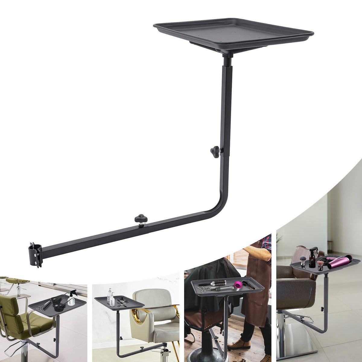Adjustable Black Salon Rolling Tray with 360° Rotation for Hair Styling Tools