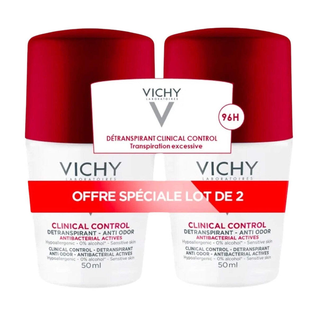 Vichy Clinical Control 96H Anti-Odor Roll-On Deodorant 2 Pack - Long-Lasting, Sensitive Skin