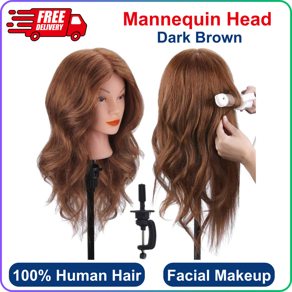 18-Inch Real Human Hair Mannequin Head for Hair Styling and Training - Dark Brown
