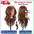 18-Inch Real Human Hair Mannequin Head for Hair Styling and Training - Dark Brown