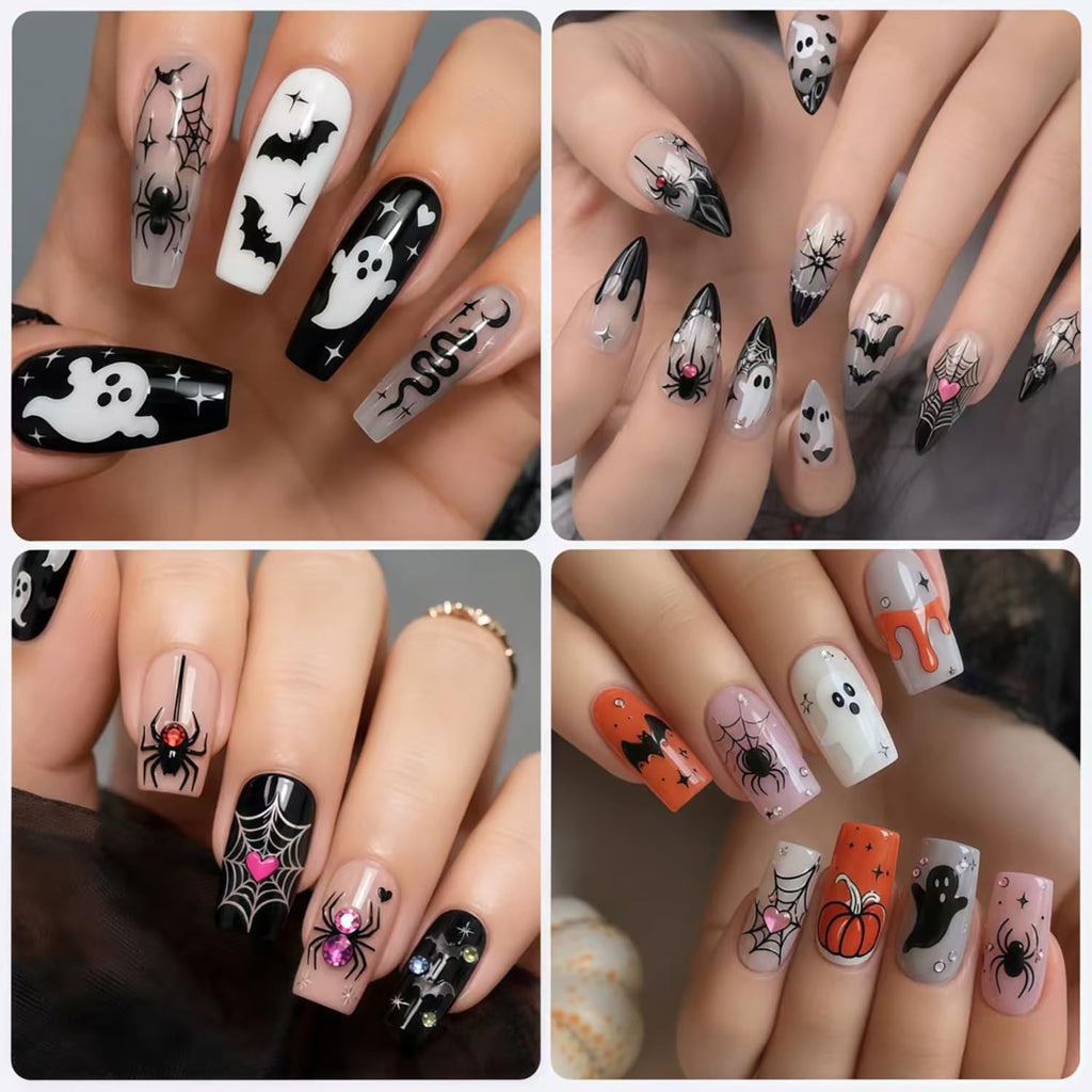 Halloween Nail Stickers Set - 6 Sheets Bat Spider Spider Web Multicolor
