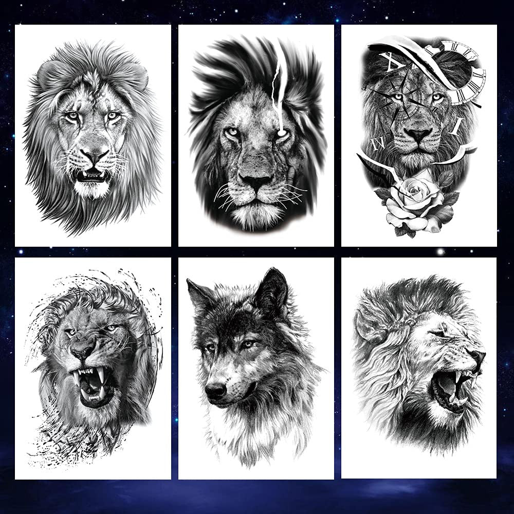Temporary Tattoo Sheets - 12 Pack Waterproof Body Art Stickers with Fierce Tiger Lion Wolf Designs