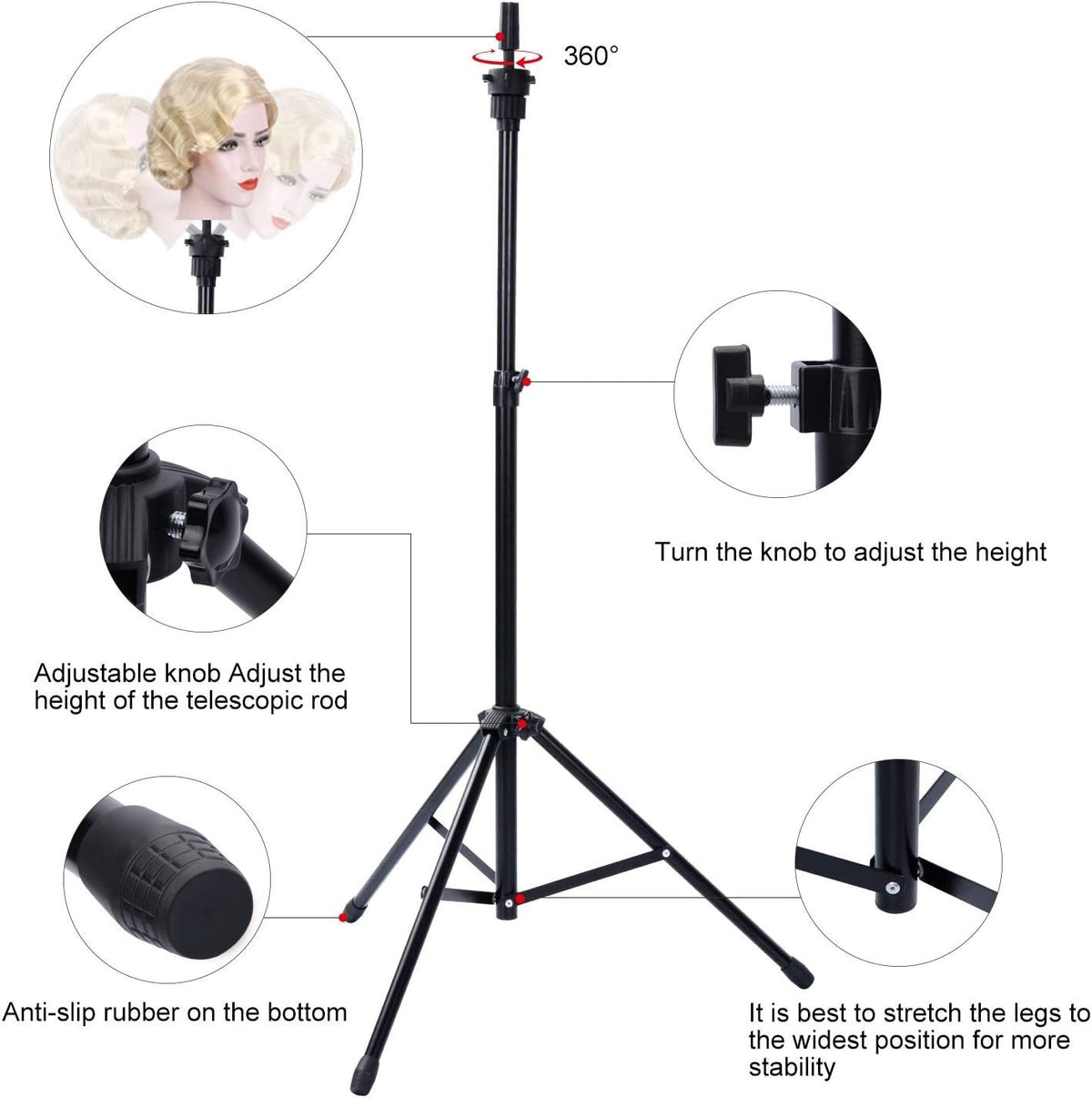 Adjustable Wig Stand Tripod for Mannequin Heads with Accessories Set