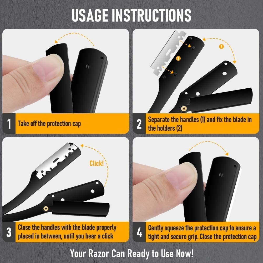 Men's Folding Straight Razor Stainless Steel Barber Shaving Knife Black