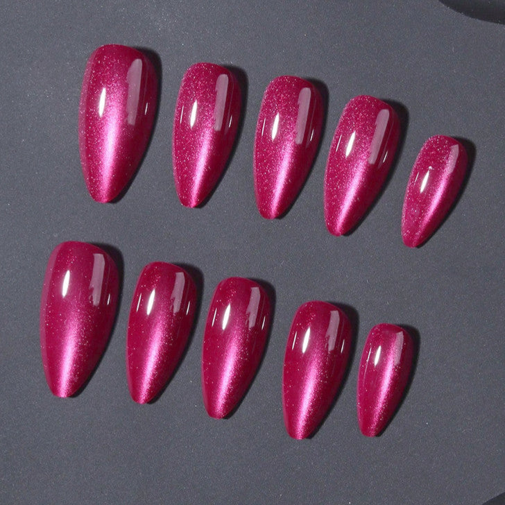 Almond Cat Eye Nail Tips Haute Pink Full Cover Stiletto Medium Length 24 Count