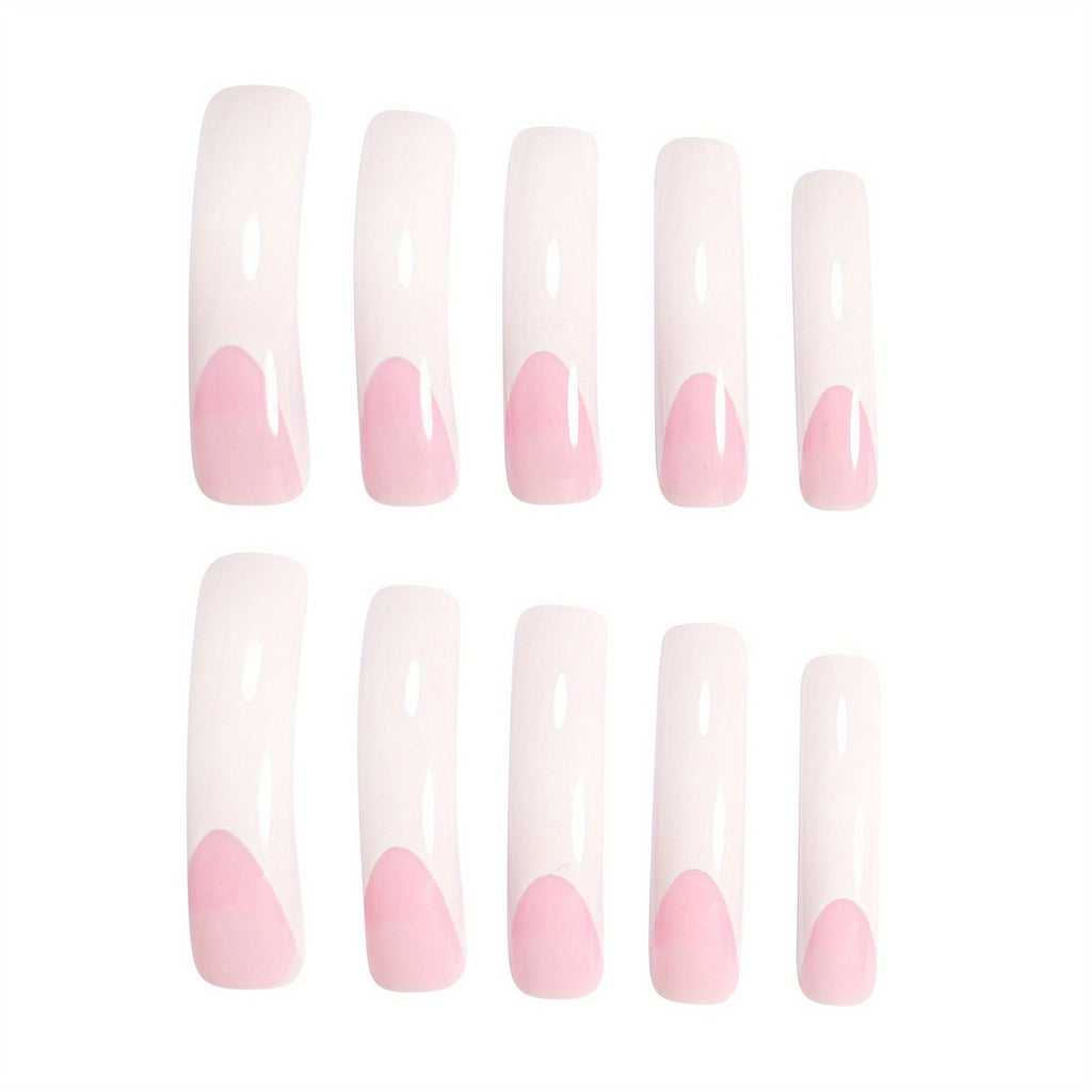 48-Piece Long Curved Press-On Nails with White Tips for Daily Wear