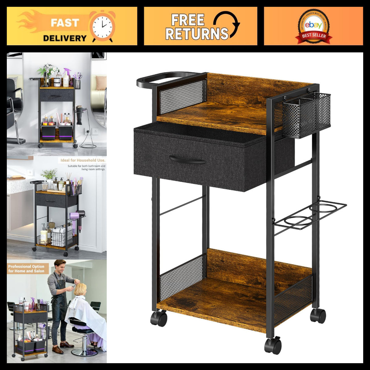 Mobile Salon Trolley Cart with Wheels for Hair Styling & Spa Storage