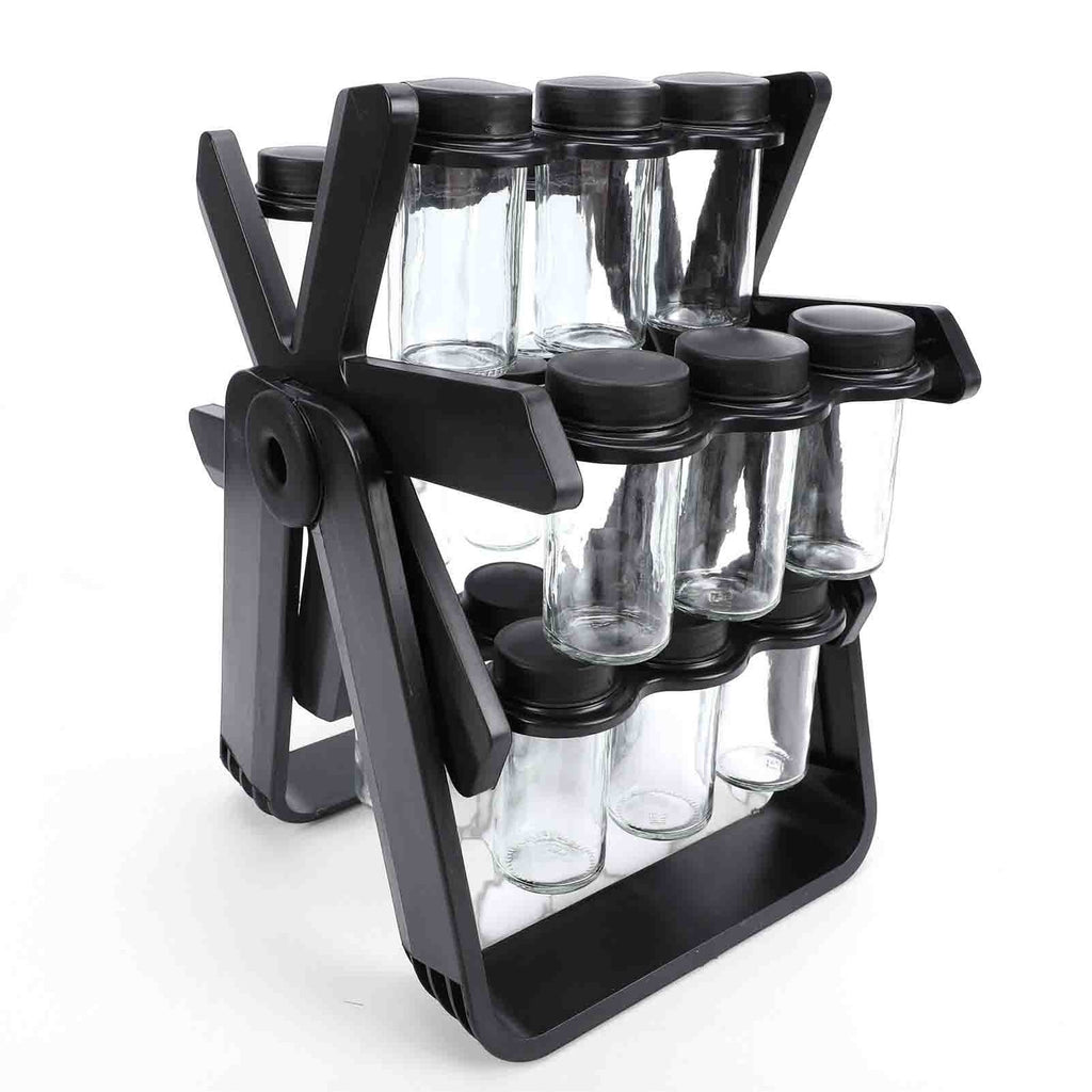 Rotating Spice Rack Carousel with 18 Glass Jars, Labels & Funnel