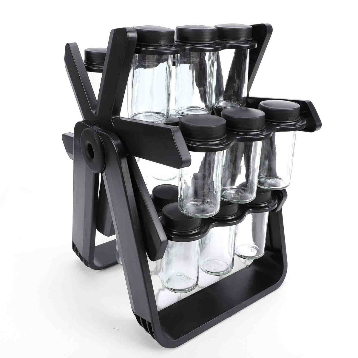 Rotating Spice Rack Carousel with 18 Glass Jars, Labels & Funnel