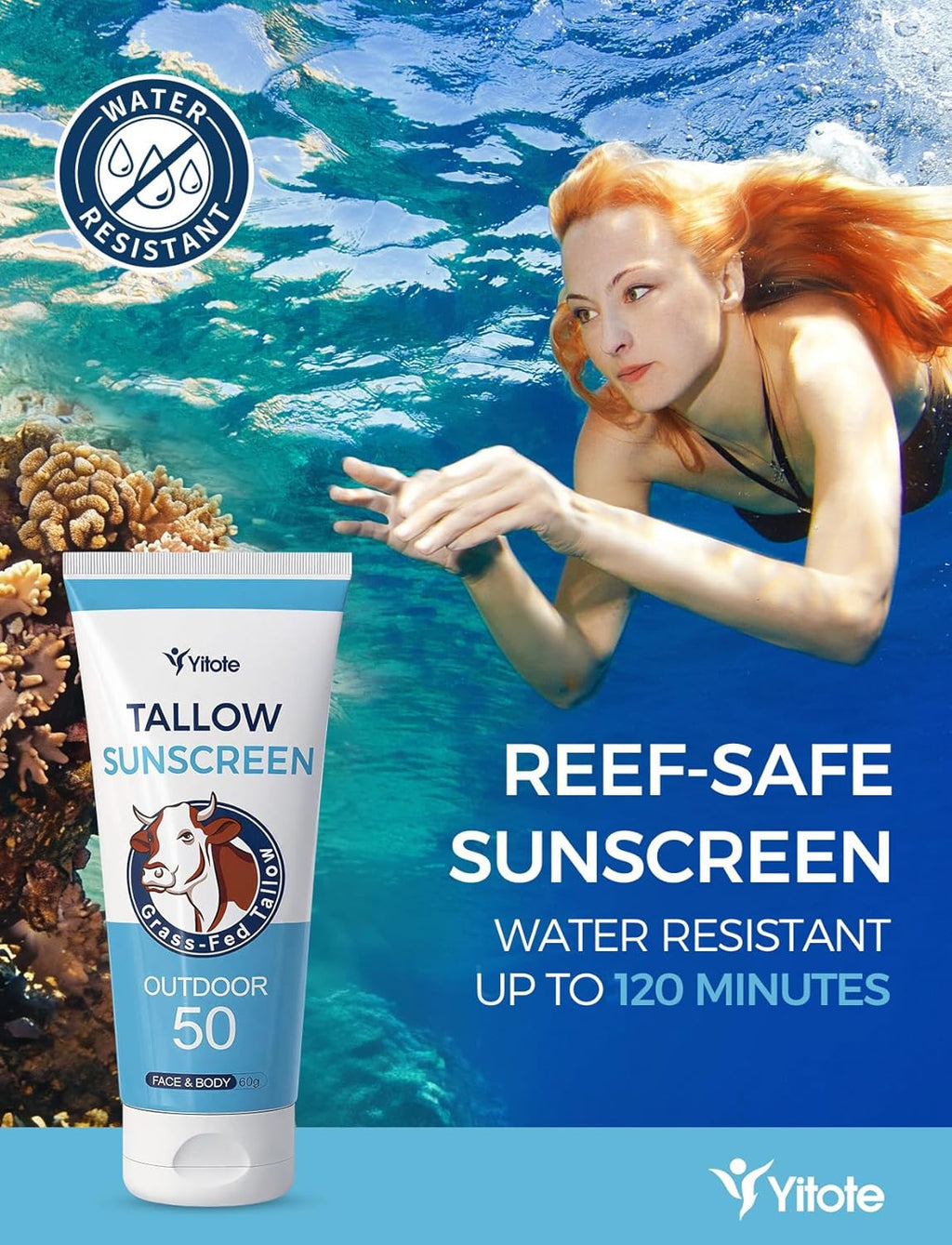 Organic Mineral Sunscreen SPF 50 with Grass-Fed Beef Tallow - Natural, Water-Resistant Face & Body Sun Block