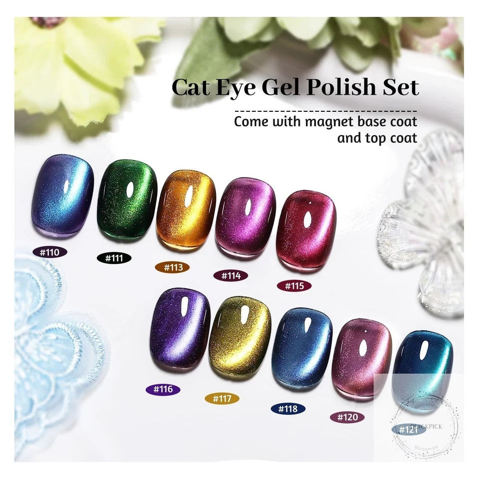 Cat Eye Gel Nail Polish Set - 10 Vibrant Colors with Base & Top Coat, Magnet for DIY Nails