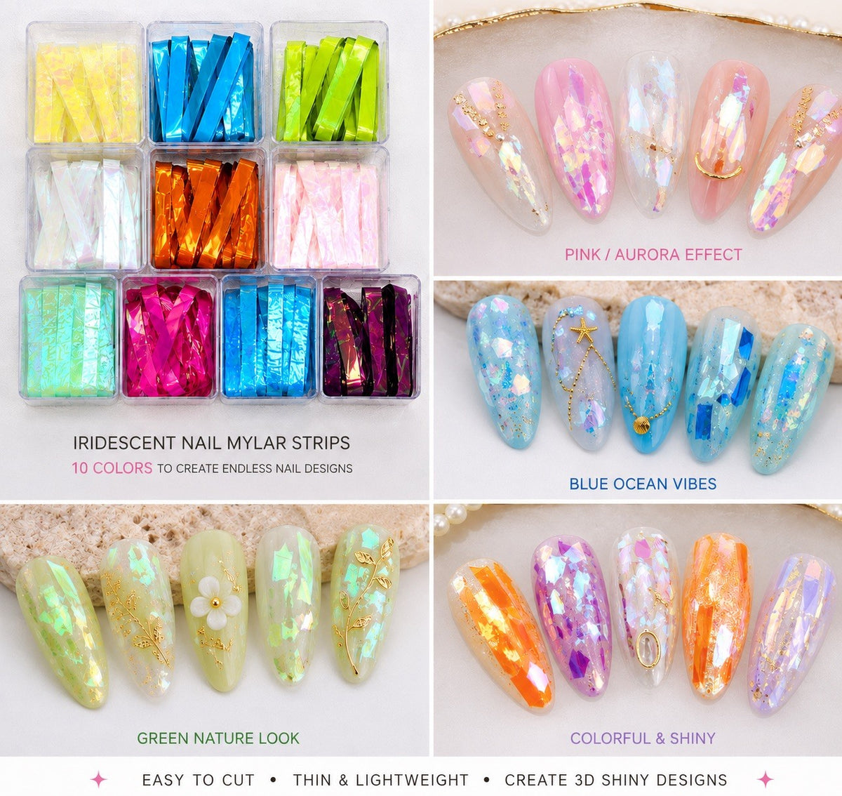Iridescent Nail Foil Strips - Holographic Nail Art Decor, Set of 10