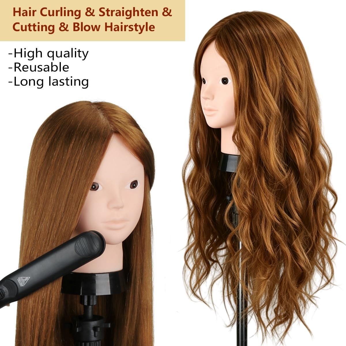 Mannequin Head with 80% Human Hair for Hair Styling Practice - Light Brown, 23.5 Inch