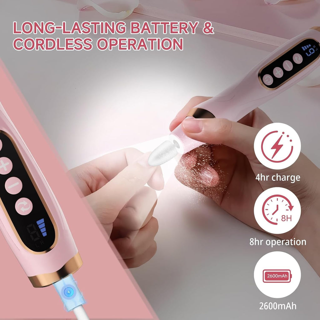 Cordless Nail Drill with LED Light & 6 Speeds - Rechargeable Electric Toenail Grinder
