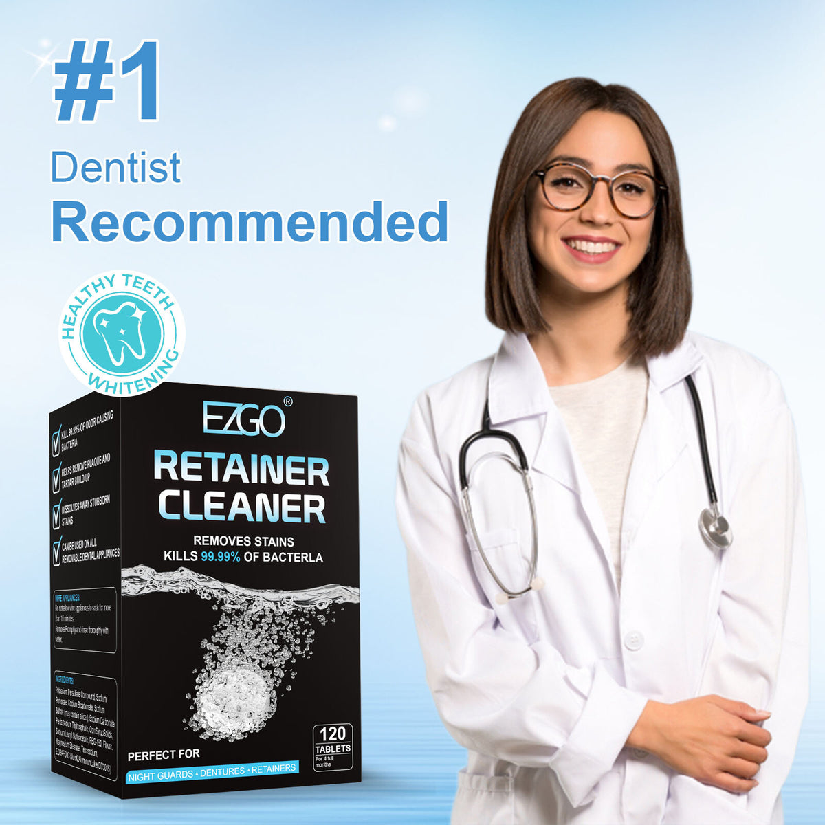 Denture Retainer Cleaner Tablets - 120 Ct Fast Germ-Killing Plaque Remover