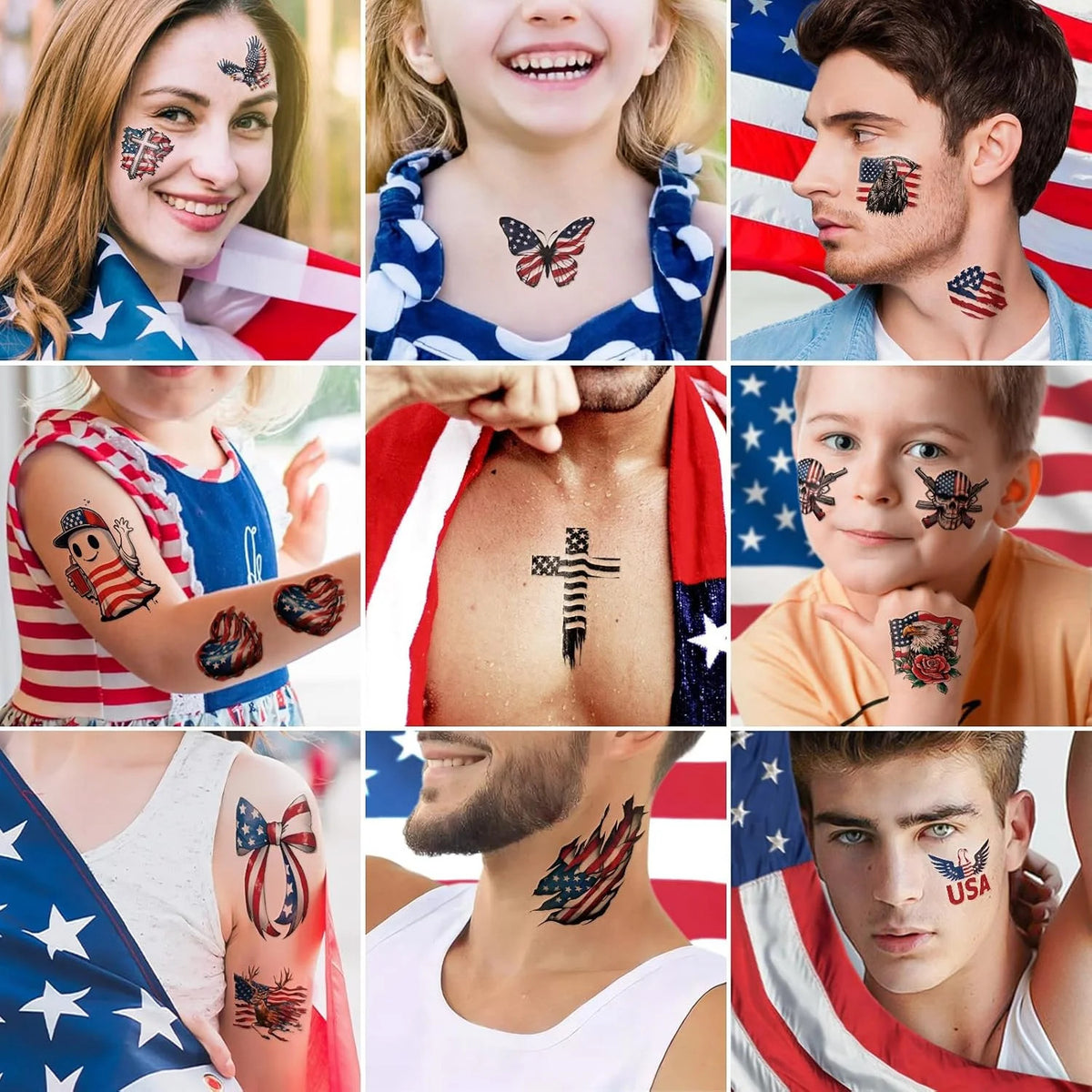 Patriotic Independence Day Temporary Tattoos – USA Flags, Fireworks, 77 Sheets Waterproof