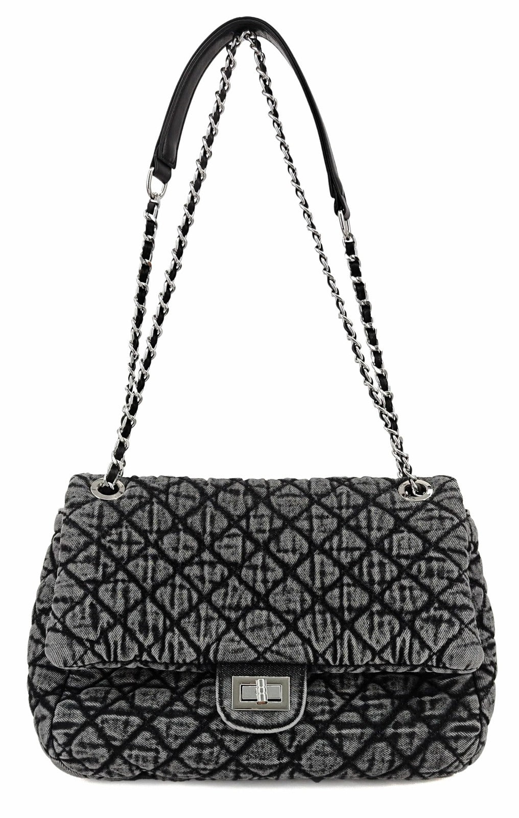 Quilted Denim Shoulder Bag for Women - Crossbody Hobo Purse with Silver Chain